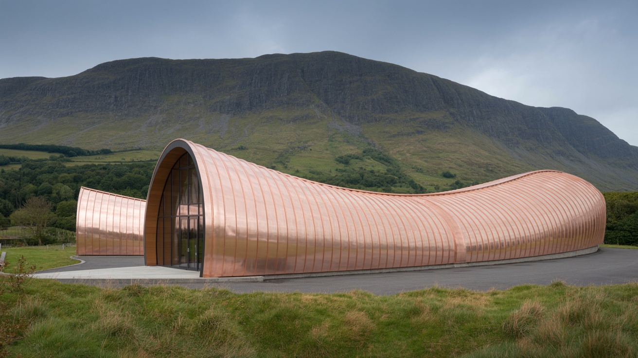 Tollymore National Outdoor Centre with its distinctive barrel-vaulted Copper Art roof set against the Mourne Mountains